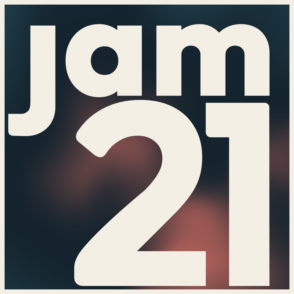 Jam21 logo — cream Jam21 lettering on a dark slate square with a soft coral glow