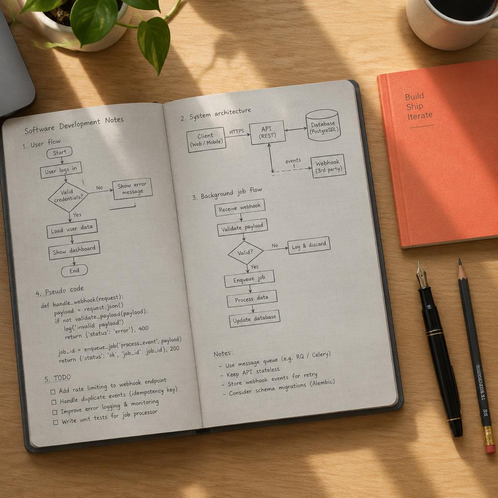 Open notebook with software development notes, flow diagrams, and an architecture sketch beside a coral notebook